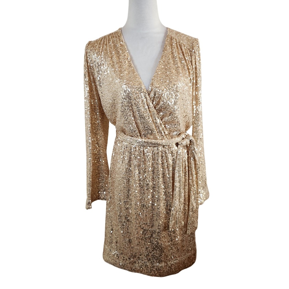 Boston Proper Gold Sequin Faux Wrap Dress Long Sleeve V-Neck Womens Size Medium